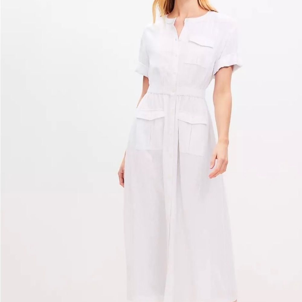 LOFT White Short-Sleeve Linen Blend Utility Midi Pocket Dress